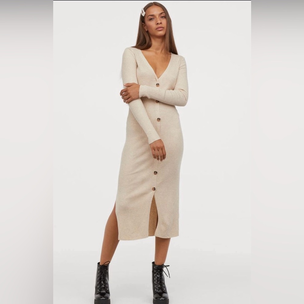 H&M Beige/Cream Rib-Knit Button-Down Maxi Dress